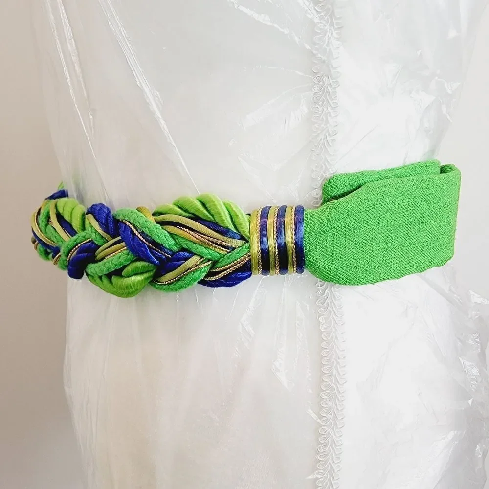 Vintage 80s Style Green Blue Braided Fabric Adjustable Belt 37